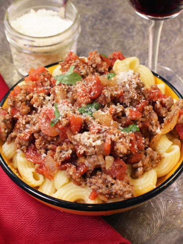 a bowl of ground beef meat sauce.