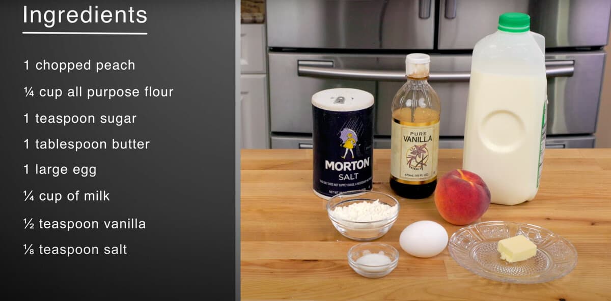 peach dutch baby ingredients on a kitchen counter