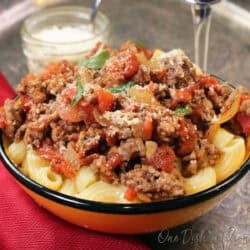 a bowl of pasta with homemade spaghetti sauce.