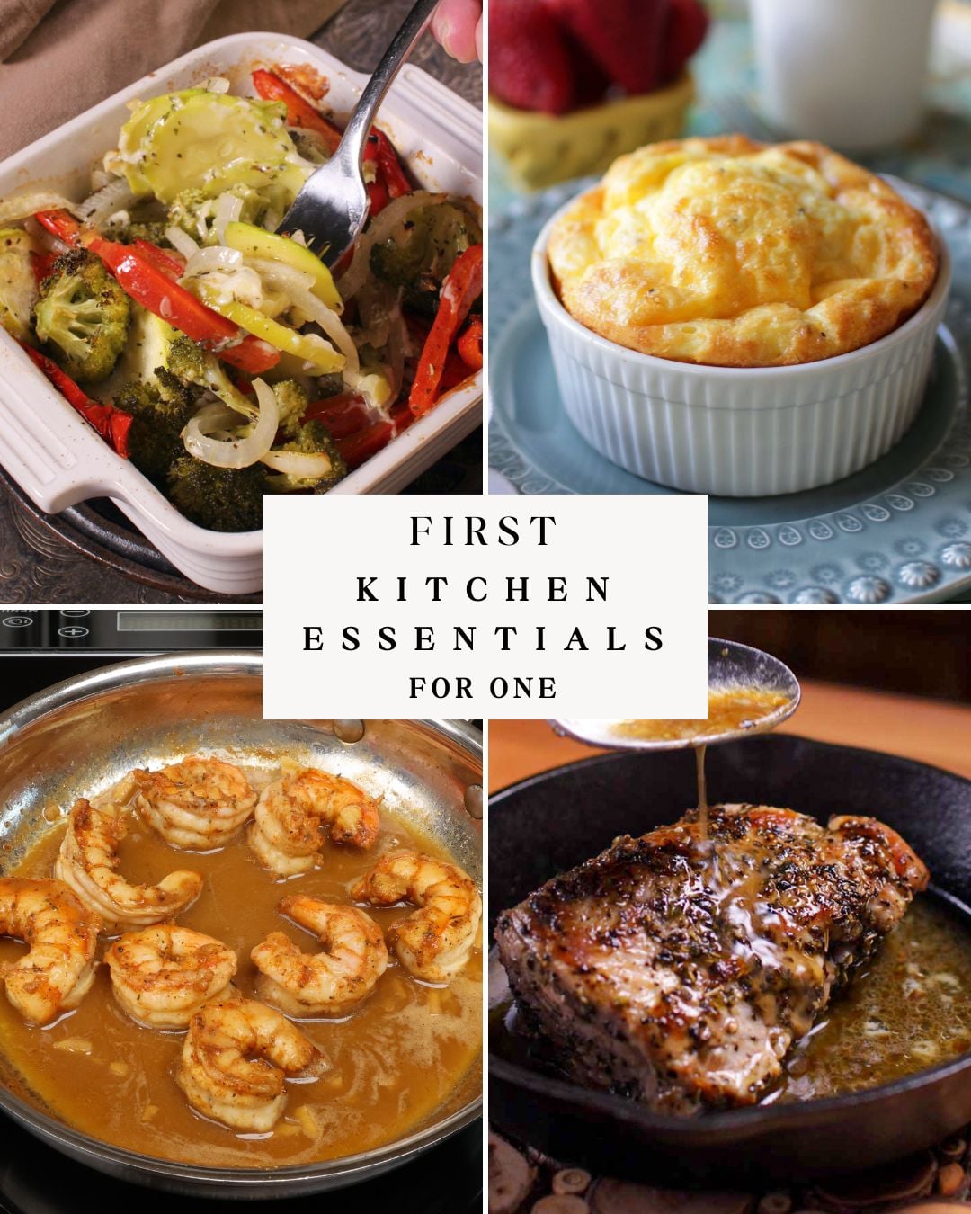 four photos showing the essential items for a first kitchen, small baking dishes and two skillets.