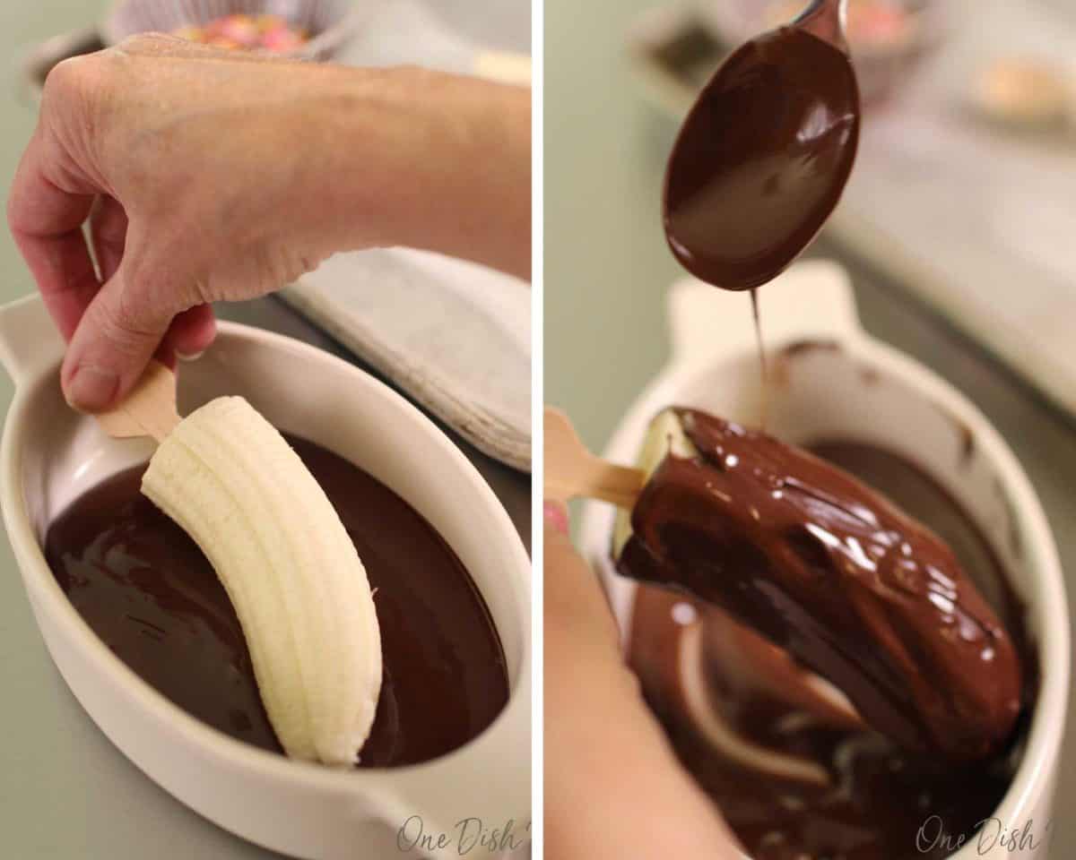 a banana over a white bowl with a spoon of melted chocolate being drizzled over the top.