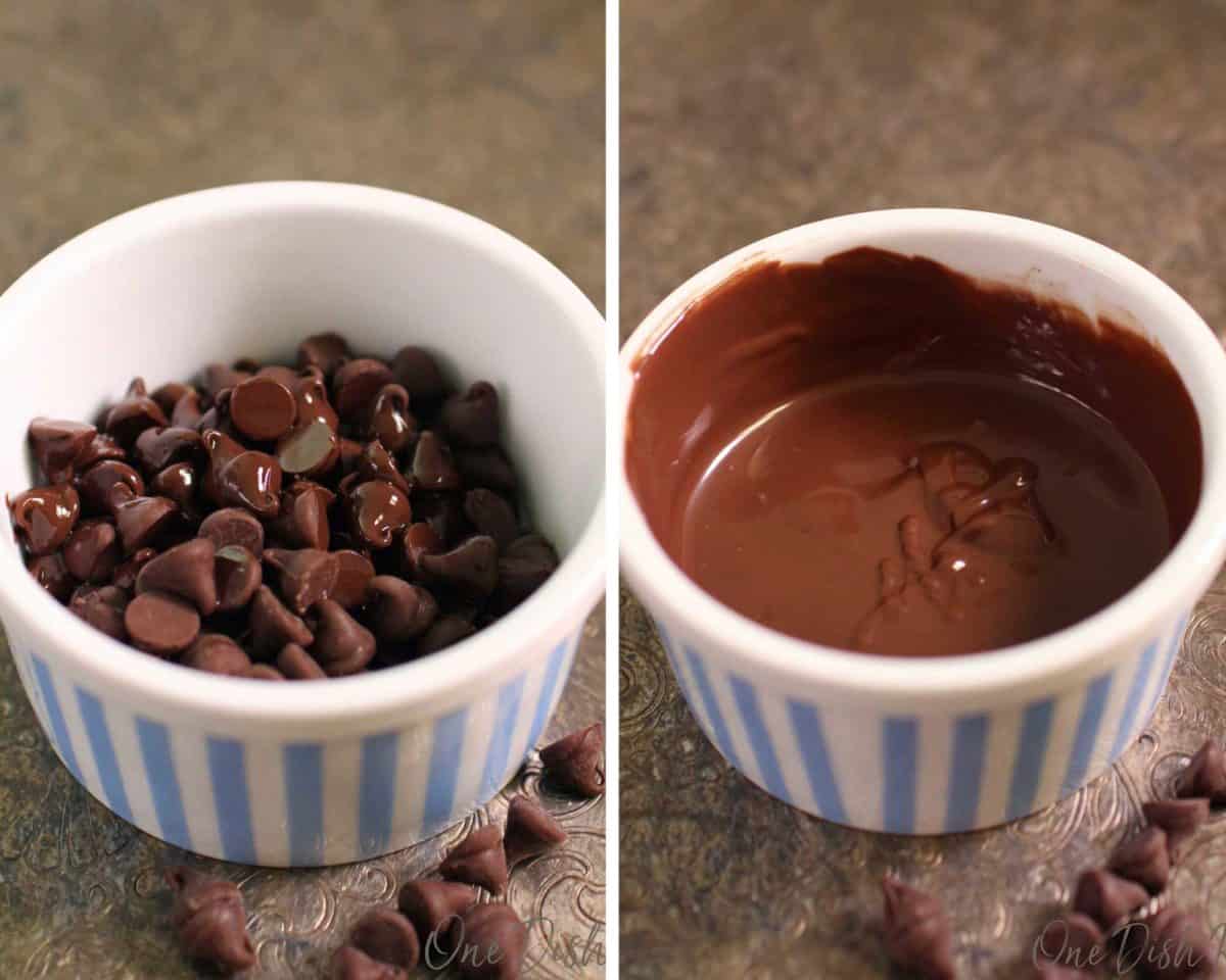 chocolate chips in a bowl next to a bowl of melted chocolate