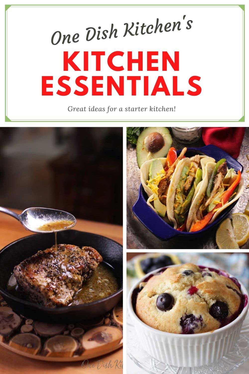 pork in a cast iron skillet, next to a photo of three chicken fajitas in a small baking dish, next to one blueberry muffin