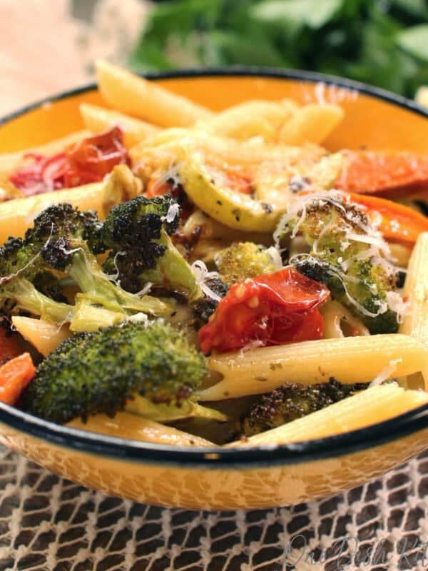a small bowl of pasta primavera.