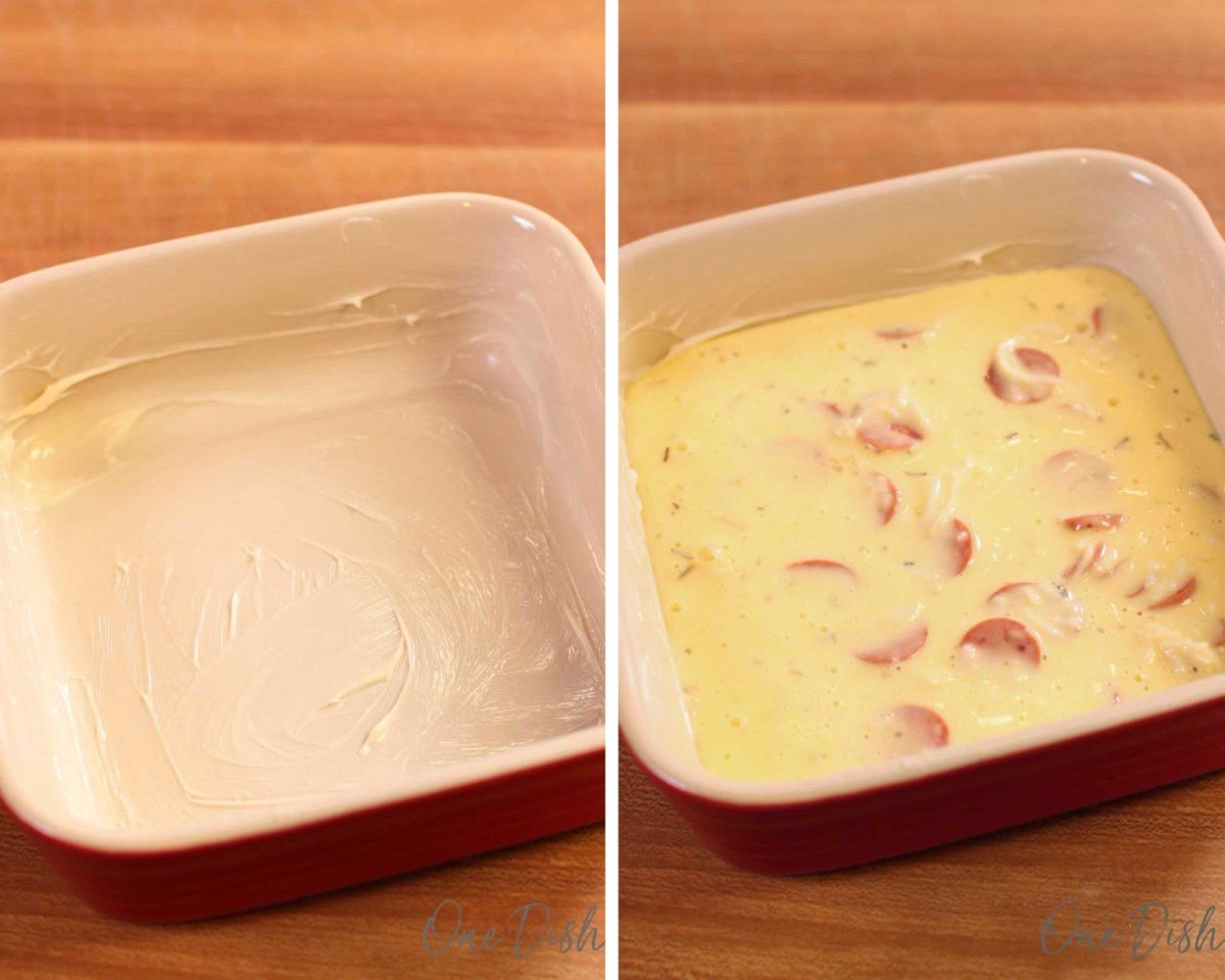 a buttered baking dish on one side of the photo and a red baking dish filled with quiche filling.