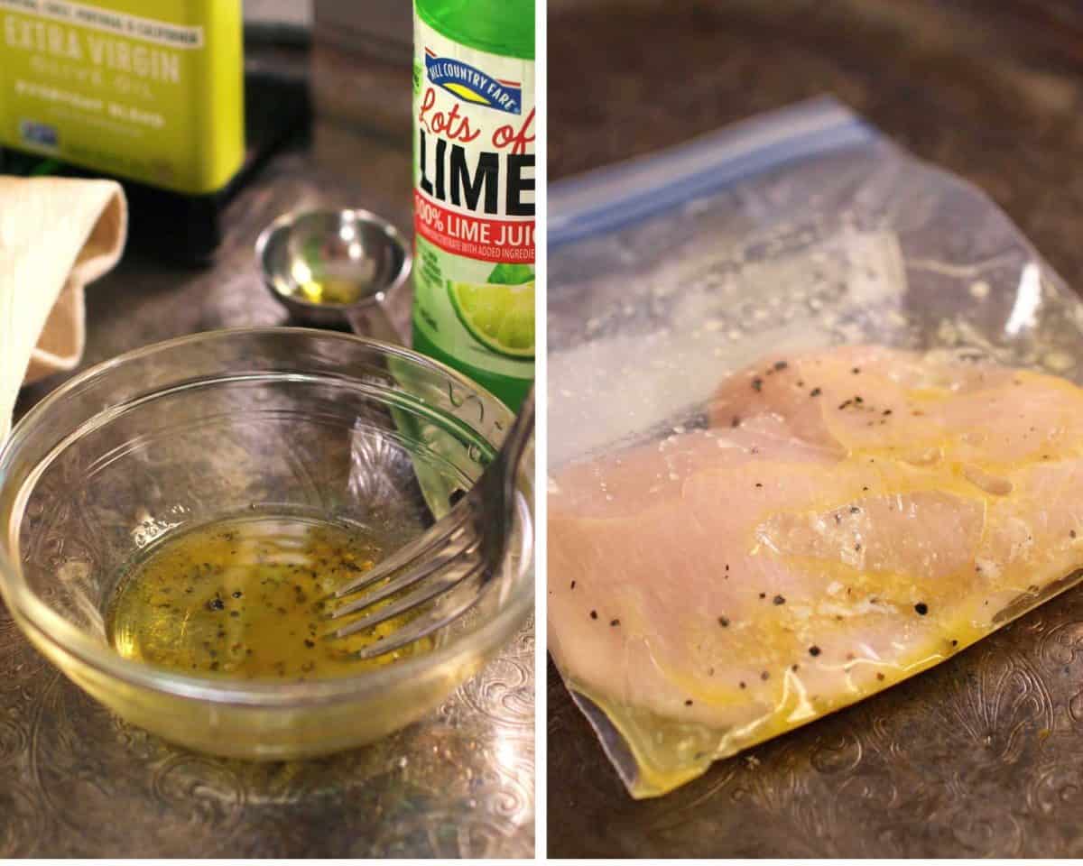 two photos: one of a marinade for chicken and the other showing a piece of chicken in a bag with the marinade.