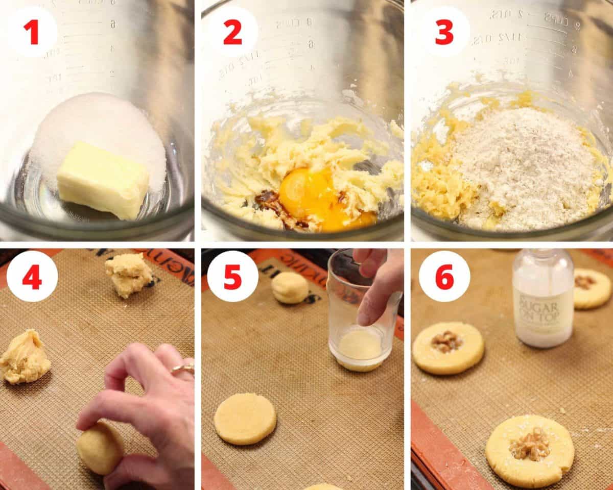 Six photos showing how to make butter cookies.