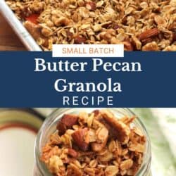 butter pecan granola cooking on a rimmed baking sheet.