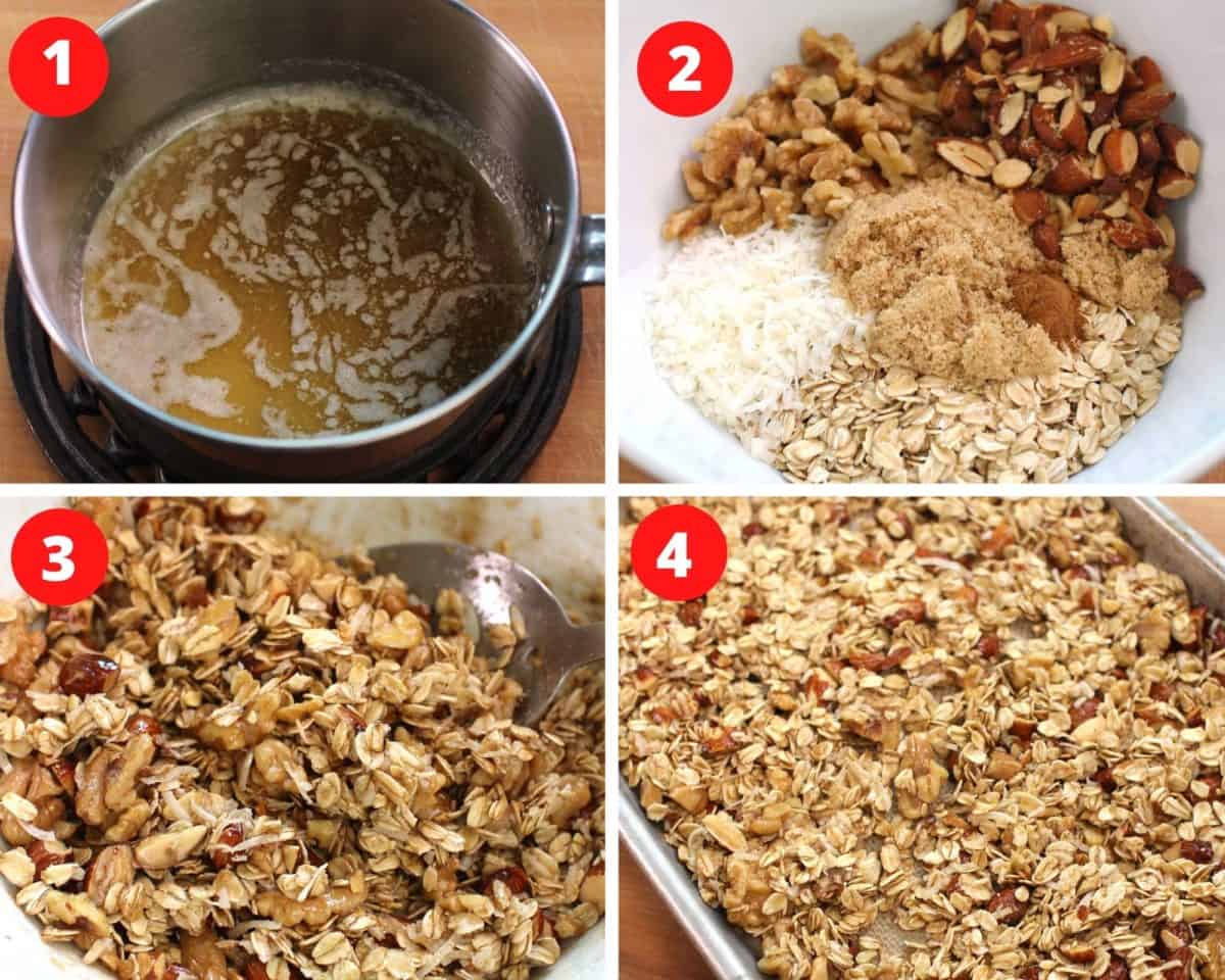 Four numbered pictures showing how to make granola.