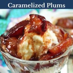 caramelized plums over vanilla ice cream in a dessert dish.