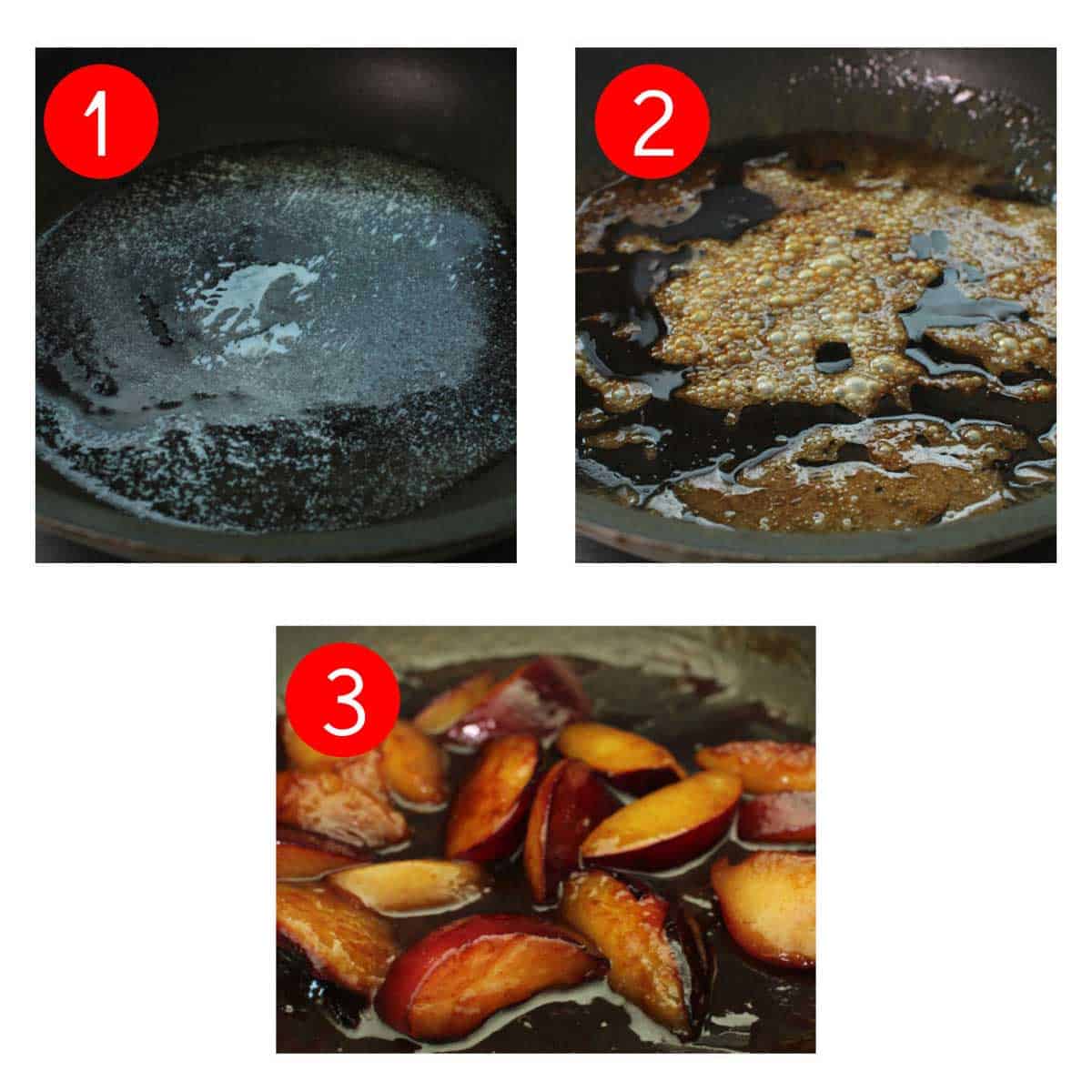 three photos showing how to make caramelized plums in a skillet.