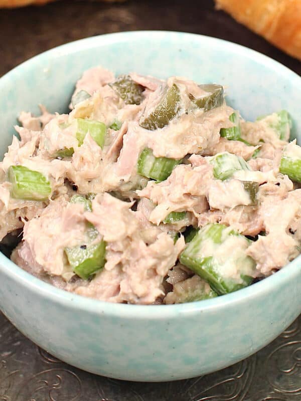 tuna salad in a blue bowl.