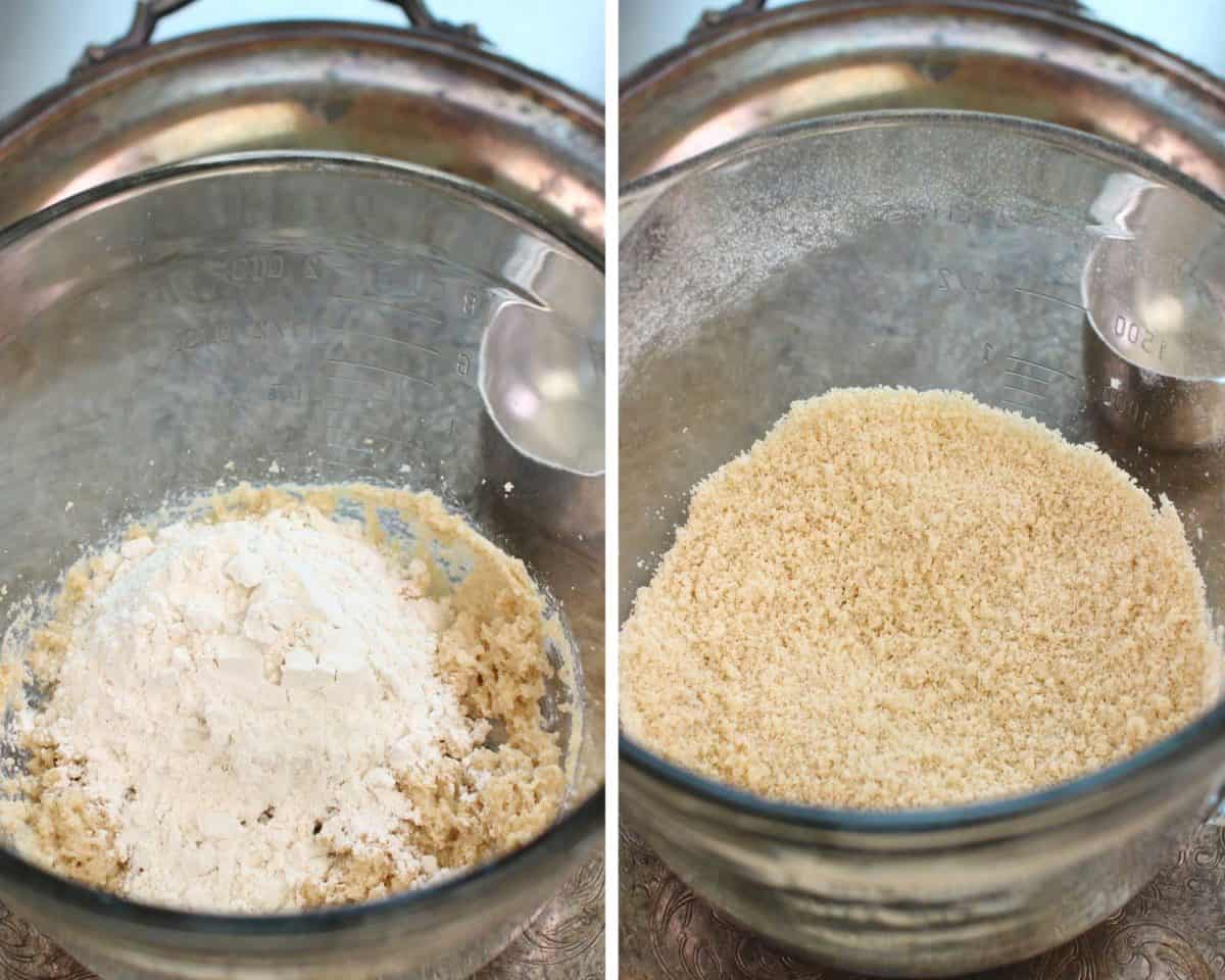 two photos showing how to add dry ingredients to wet ingredients when making cookies.