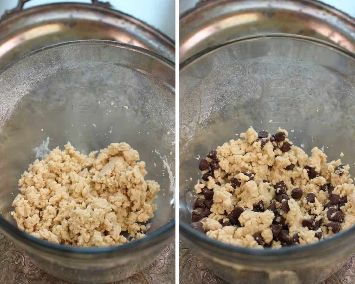 two pictures showing cookie dough in a bowl and also dough with chocolate chips.