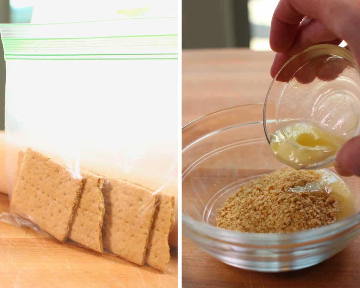 2 photos showing how to crush graham crackers and add butter to make a crust.