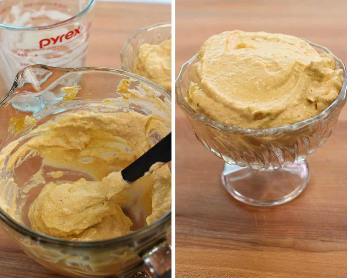 two pictures showing how to make a pumpkin cheesecake filling.