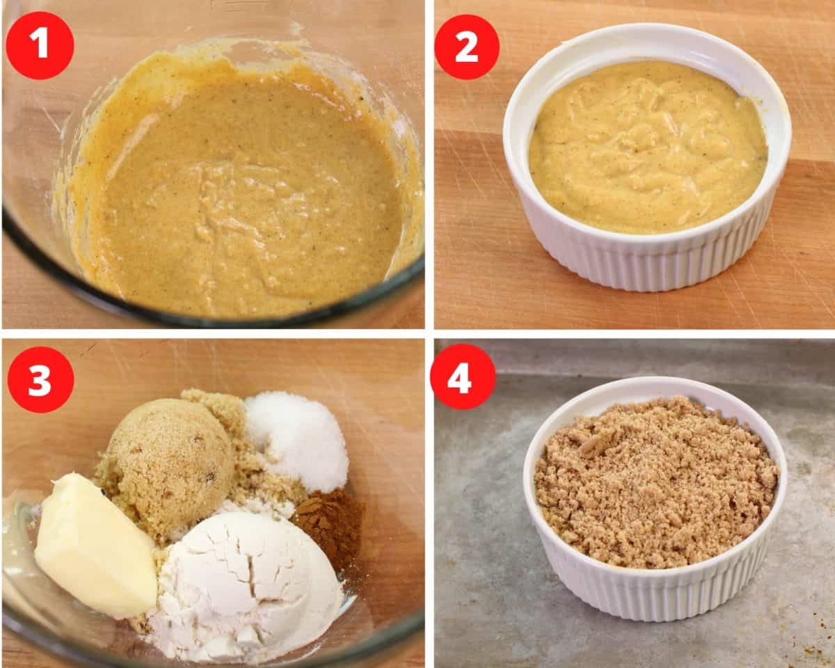 steps needed to make a pumpkin coffee cake. 4 steps: mixing the batter and making the streusel.