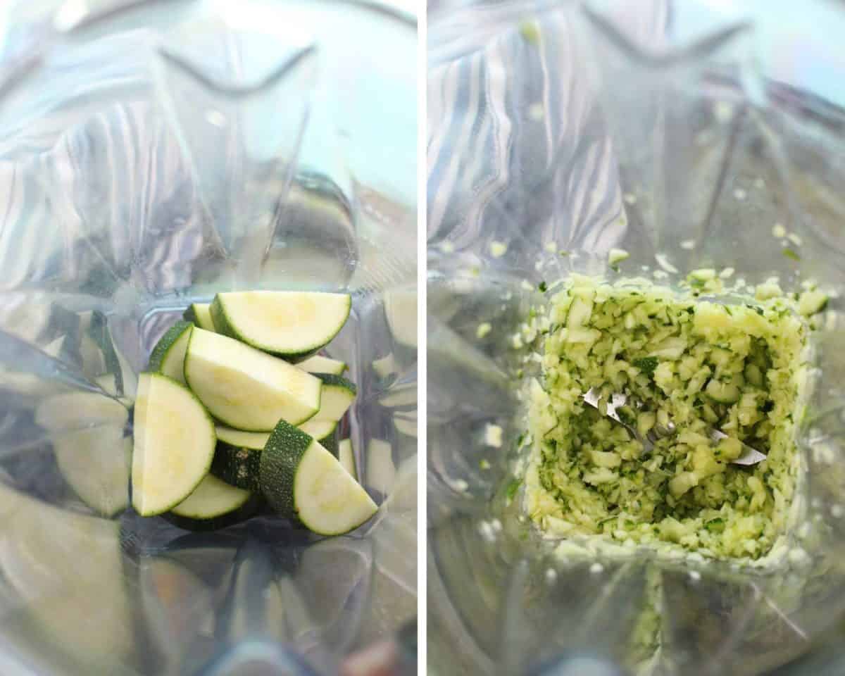two pictures showing zucchini slices in a vitamix blender and the second photo showing shredded zucchini.