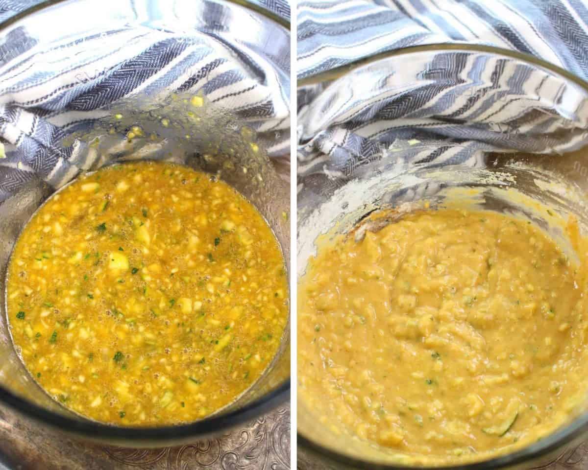 two photos showing how to make zucchini bread batter.
