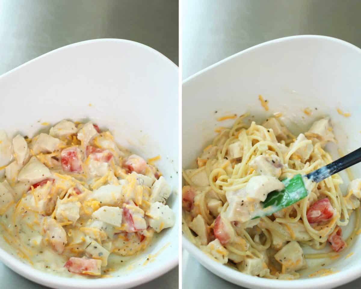 two photos showing how to make six pasta for the chicken spaghetti.