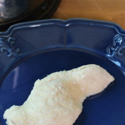 cooked chicken breast on a blue plate.