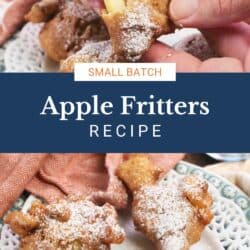 four apple fritters on a white plate.