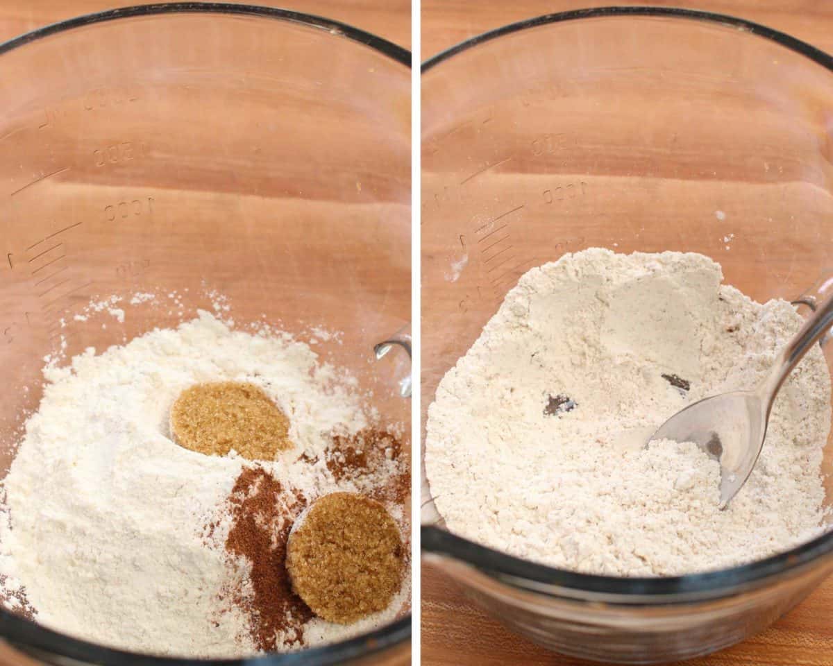 mixing sugar, flour and spices in a bowl.