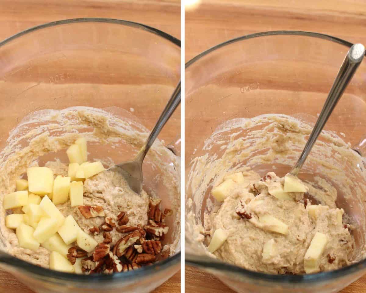 mixing apples and pecans in a fritter batter in a bowl.