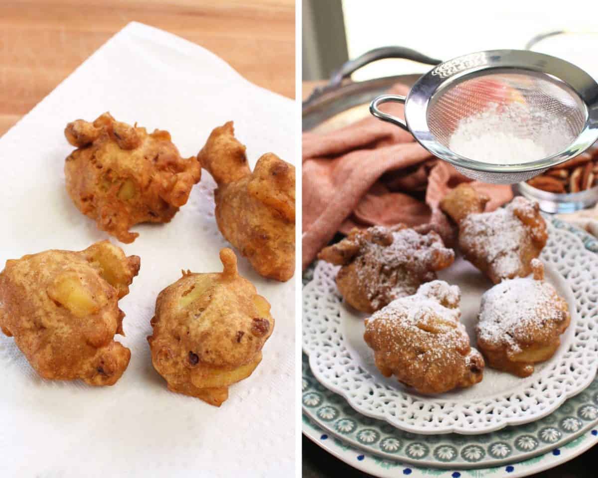 dusting powdered sugar over fritters.