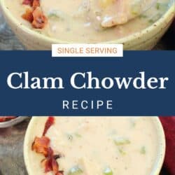 a yellow bowl filled with clam chowder topped with bacon.