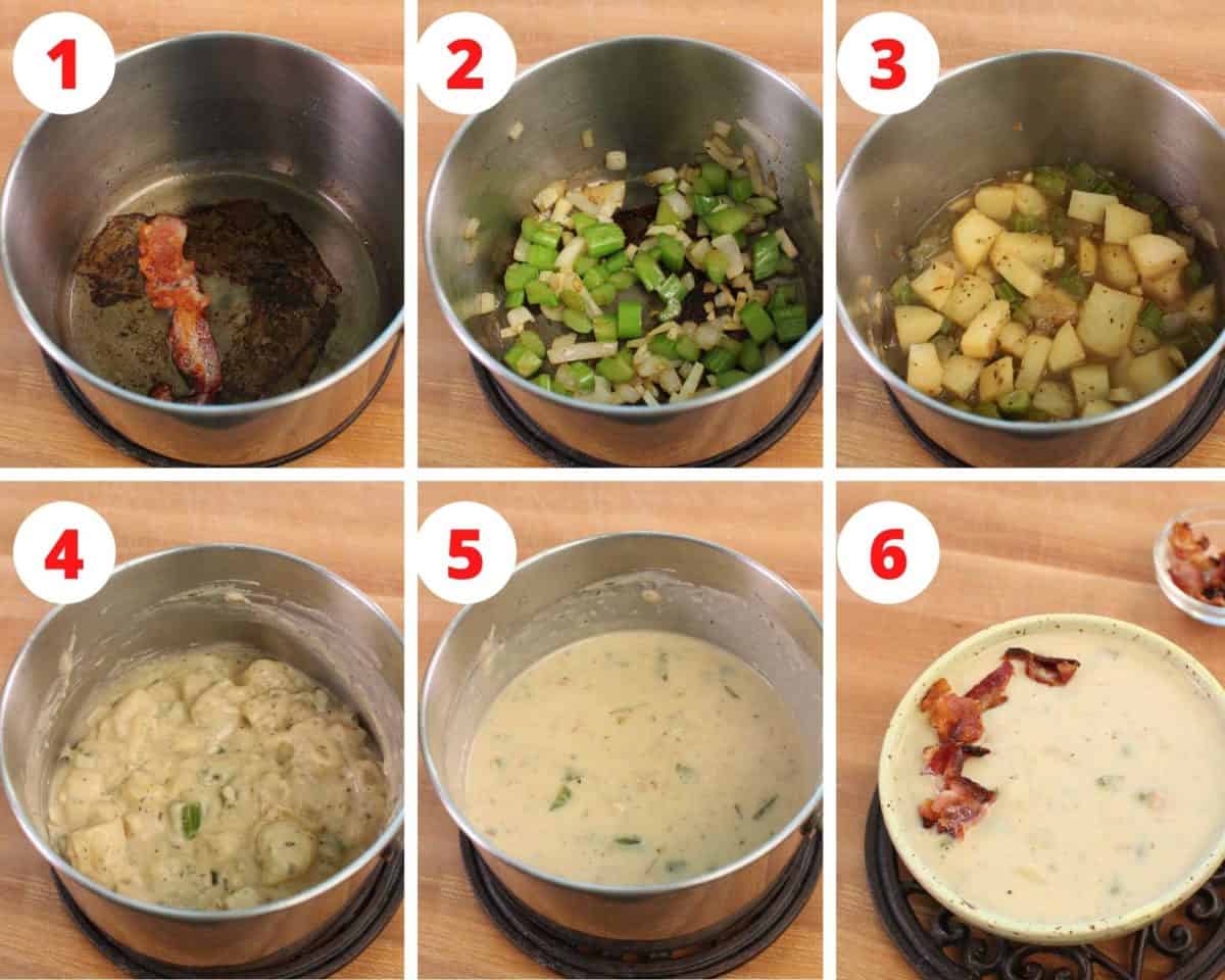 Six photos showing the steps needed to make clam chowder.
