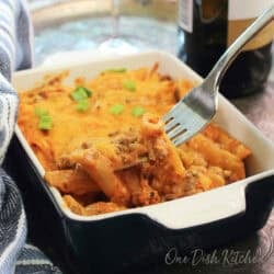 an individual hamburger casserole in a small baking dish.