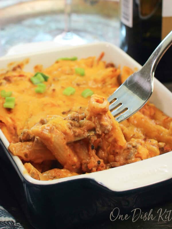 an individual hamburger casserole in a small baking dish.