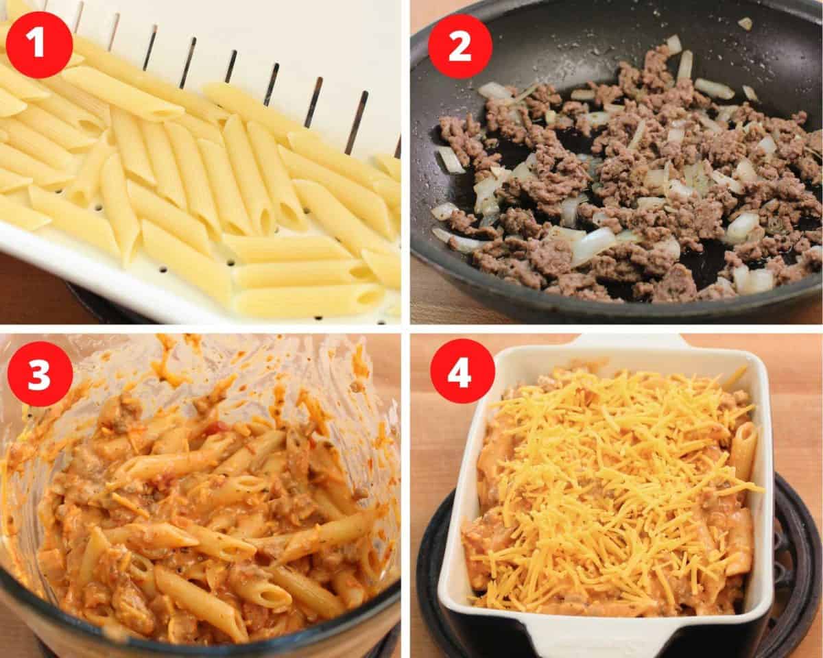 four photos showing the steps involved in making a hamburger casserole.