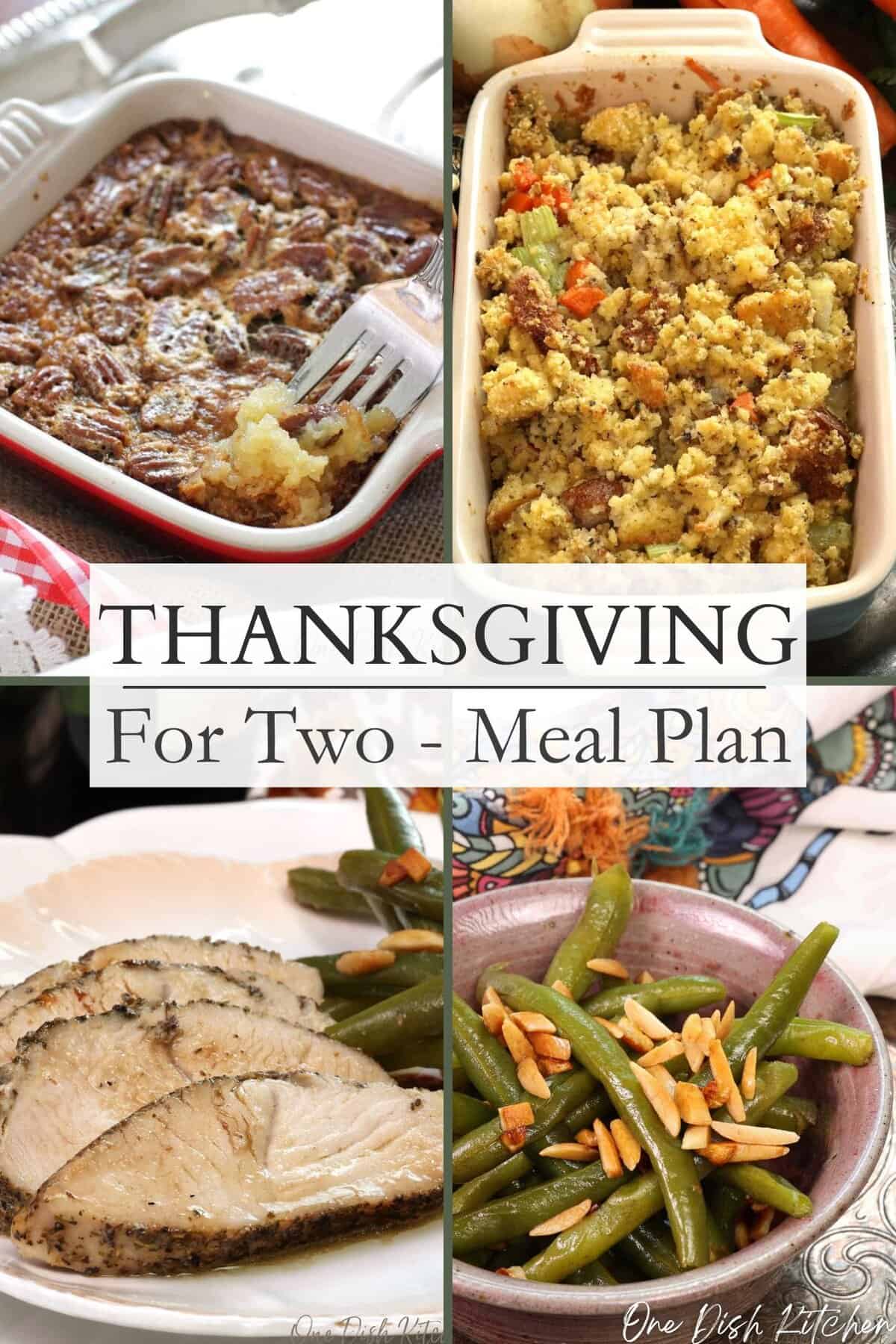Thanksgiving dinner for two with sliced turkey tenderloin, green beans, cornbread dressing, and mini pecan pie on a cozy fall table.