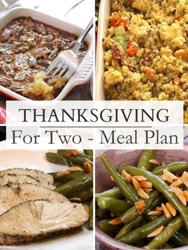 Thanksgiving dinner for two with sliced turkey tenderloin, cornbread dressing, green beans, and mini pecan pie on a cozy fall table.