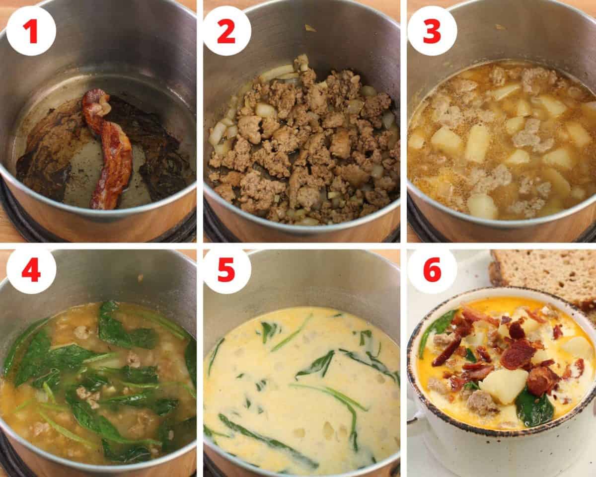 Six photos showing the steps involved in making zuppa toscana soup.