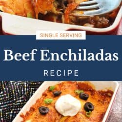 two beef enchiladas in a red baking dish topped with sour cream.