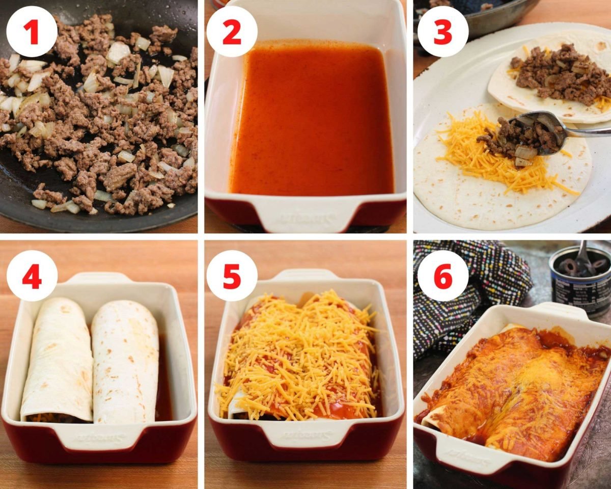 six photos showing the steps involved in making beef enchiladas.