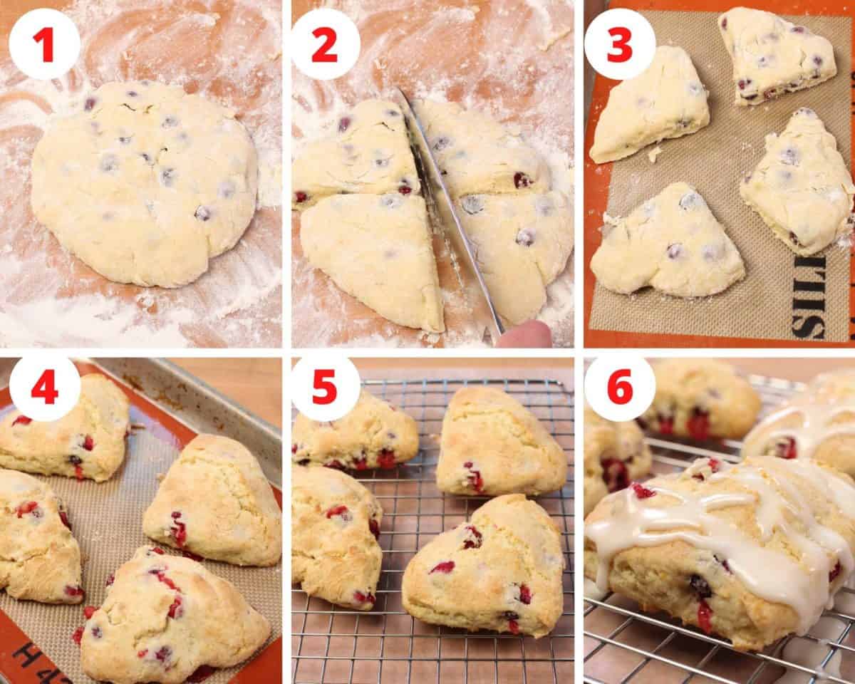 six photos showing how to cut batter into four scones.