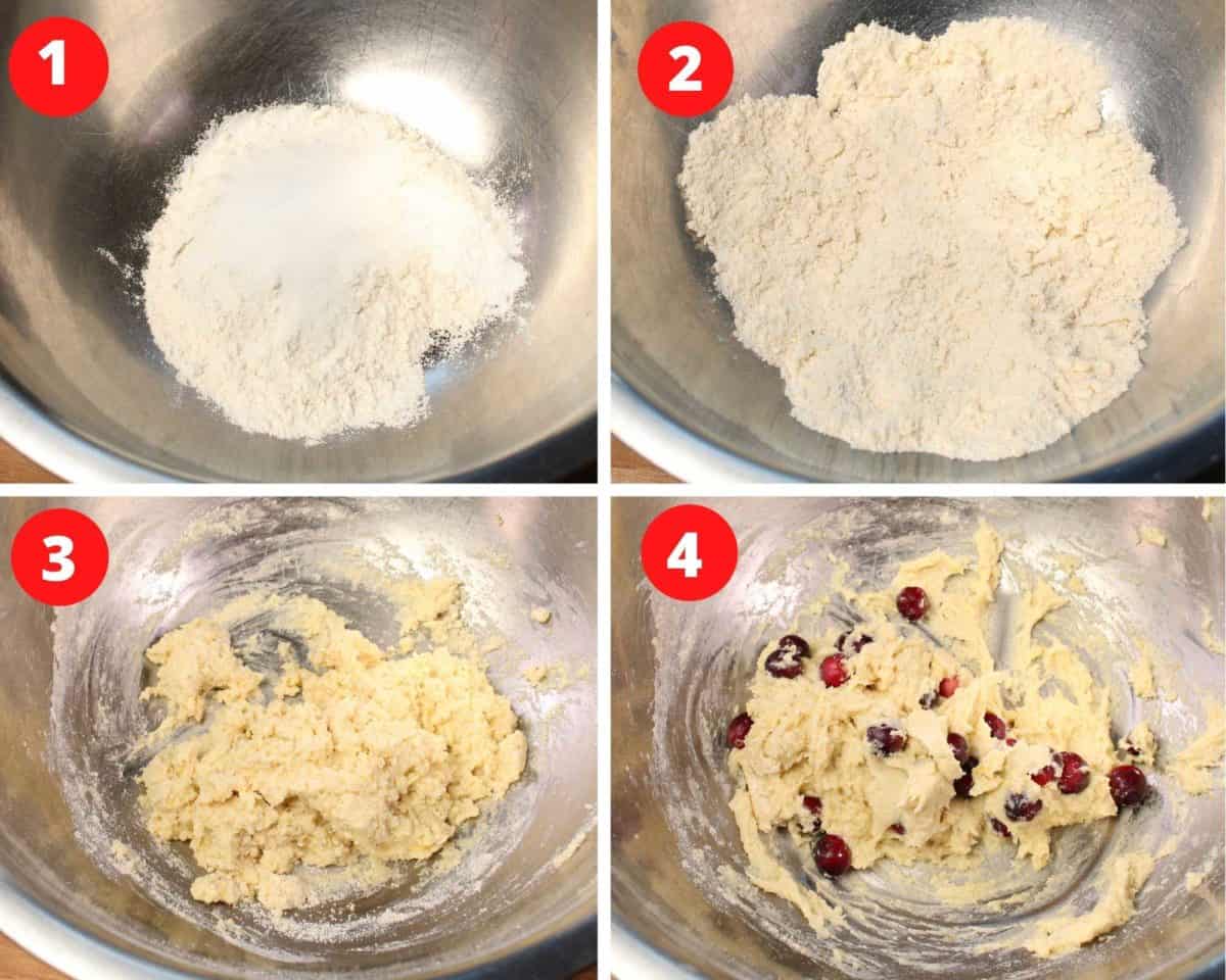 four photos showing how to make cranberry scones.
