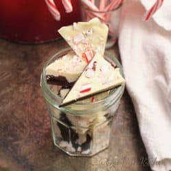 chocolate candies cut into wedges topped with crushed peppermint candy.