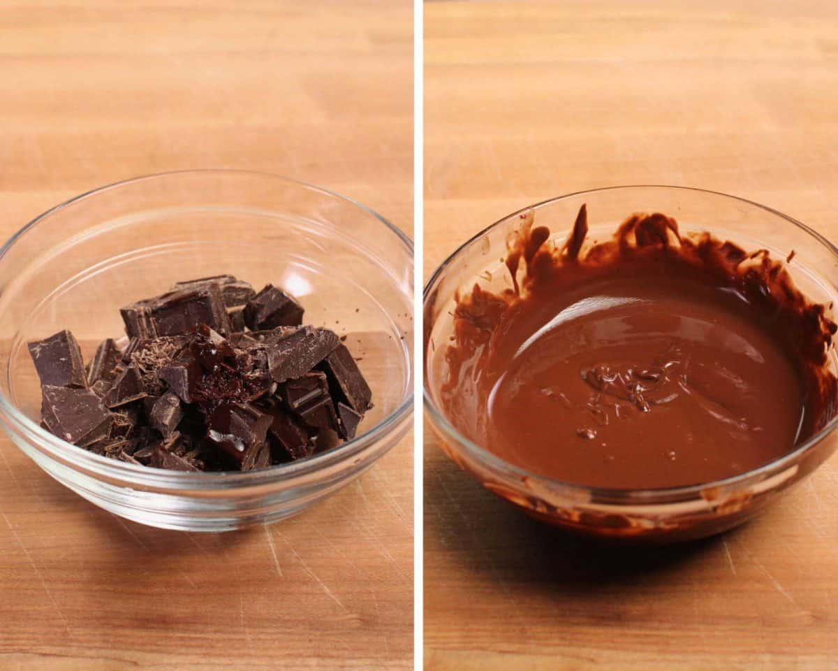a bowl of chopped chocolate next to a bowl of melted chocolate