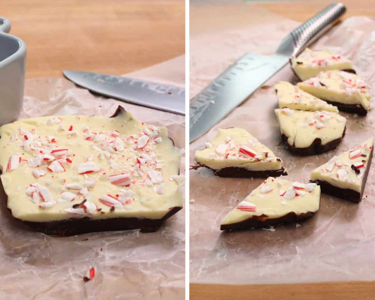 a large square of peppermint bark and a second photo of the same bark cut into wedges with a knife next to the candy.
