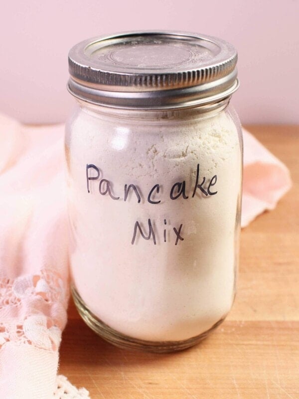 a small jar of homemade pancake mix on a table.