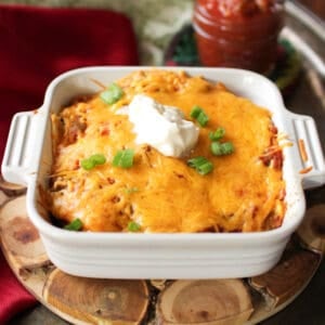 a single serve vegetable enchiladas in a small baking dish.