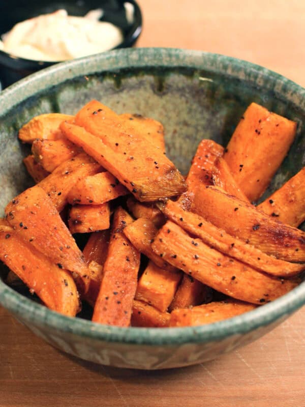 a bowl of baked sweet potato fries.