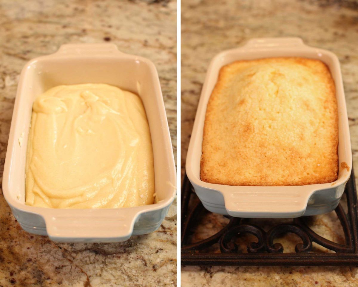 two rectangular baking dishes, one with batter and one as a baked cake