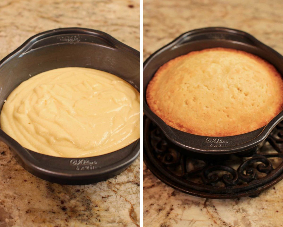 cake batter in a round cake pan next to the baked cake in the same round pan