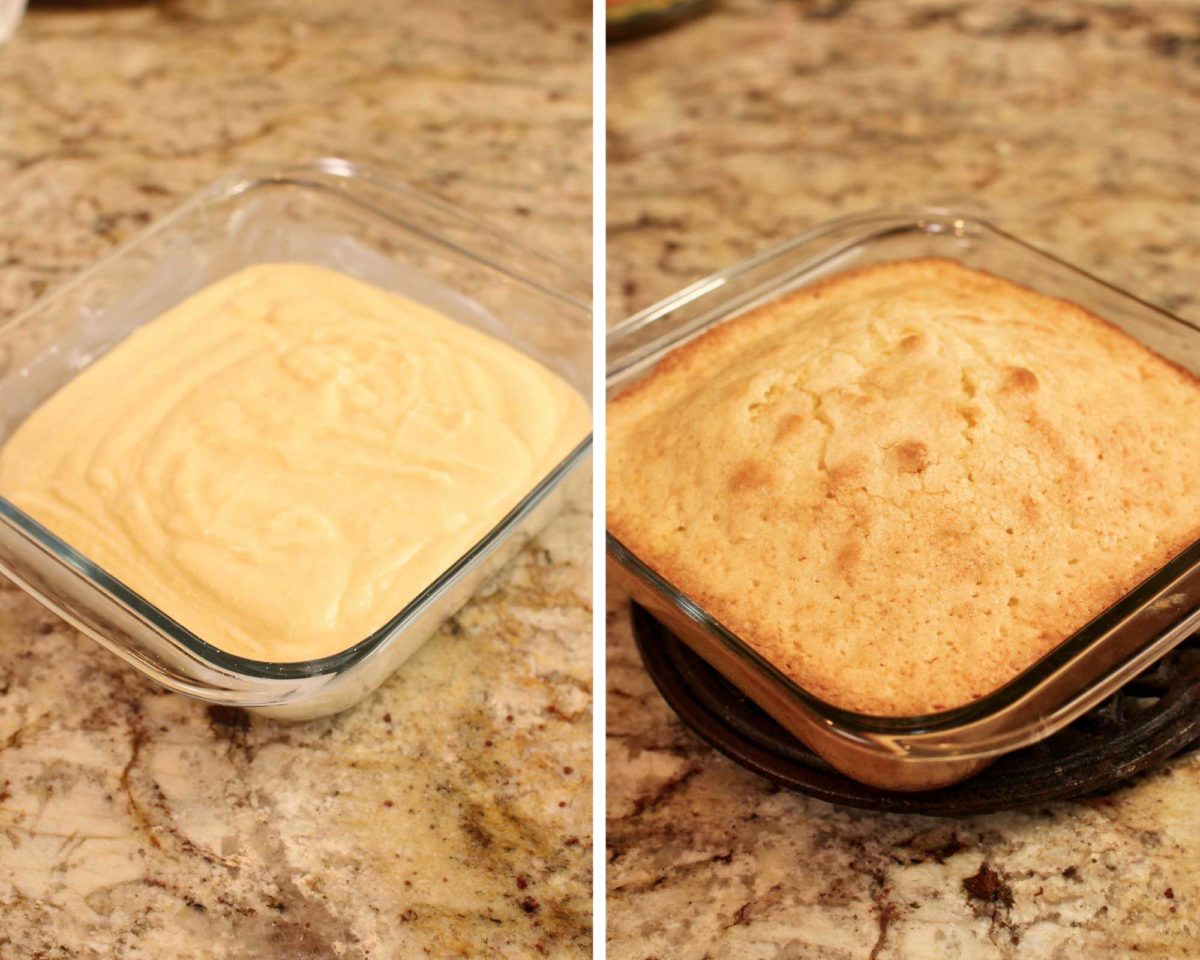 two pictures of cake batter and a baked cake in the same square dish